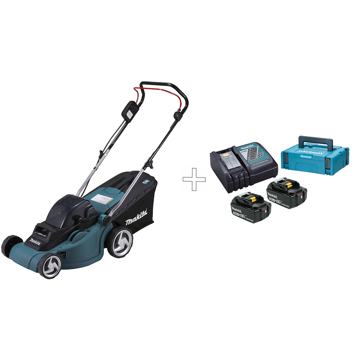 Аккумуляторная газонокосилка Makita DLM380 + Набор Makita MAKPAC PSK MKP1RM18 BL1840B + DC18RC — Фото 1